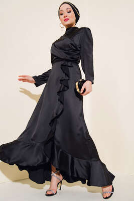 Eteği Fırfırlı Kuşak Bağlamalı Elbise Siyah - Thumbnail