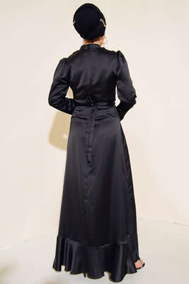 Eteği Fırfırlı Kuşak Bağlamalı Elbise Siyah - Thumbnail