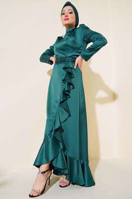 Eteği Fırfırlı Kuşak Bağlamalı Elbise Zümrüt - Elbise