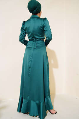 Eteği Fırfırlı Kuşak Bağlamalı Elbise Zümrüt - Elbise