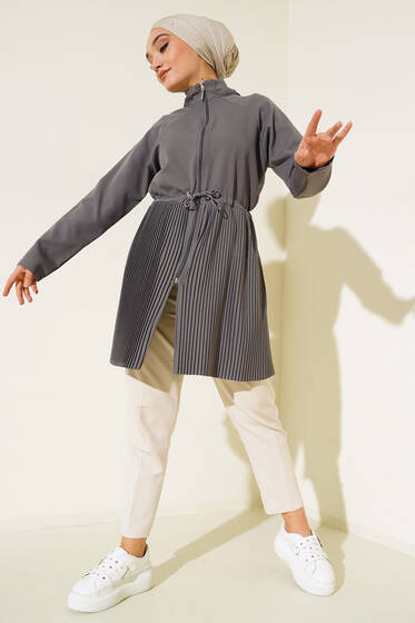 Eteği Piliseli Fermuarlı Hırka Füme - Hırka