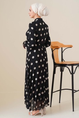 Eteği Piliseli Puantiyeli Siyah Şifon Elbise - Thumbnail