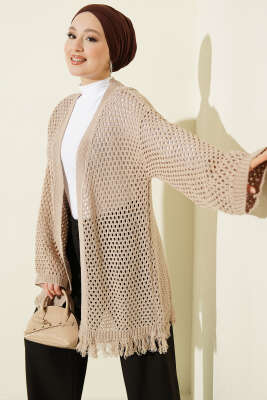 Eteği Püsküllü Ajurlu Triko Hırka Bej - RAFİMİX