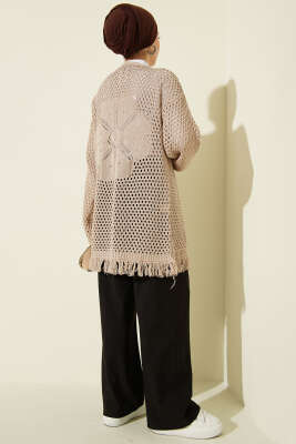 Eteği Püsküllü Ajurlu Triko Hırka Bej - Hırka