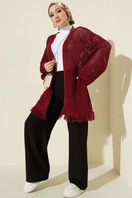 Eteği Püsküllü Ajurlu Triko Hırka Bordo - 100-300 TL Ürünler