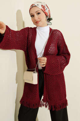 Eteği Püsküllü Ajurlu Triko Hırka Bordo - RAFİMİX