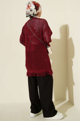 Eteği Püsküllü Ajurlu Triko Hırka Bordo - Hırka