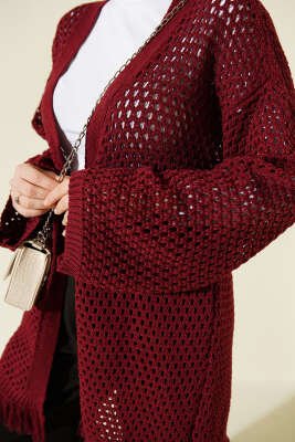 Eteği Püsküllü Ajurlu Triko Hırka Bordo - Hırka