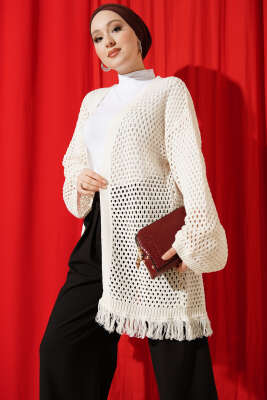 Eteği Püsküllü Ajurlu Triko Hırka Ekru - RAFİMİX