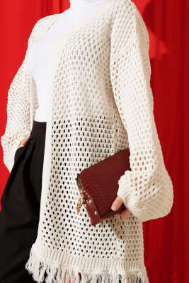 Eteği Püsküllü Ajurlu Triko Hırka Ekru - Hırka