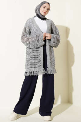 Eteği Püsküllü Ajurlu Triko Hırka Gri - Hırka