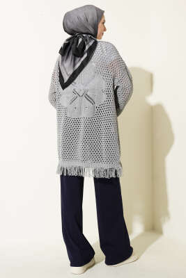 Eteği Püsküllü Ajurlu Triko Hırka Gri - Hırka