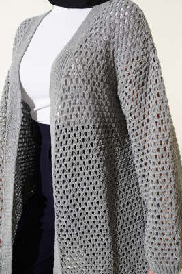 Eteği Püsküllü Ajurlu Triko Hırka Gri - Hırka