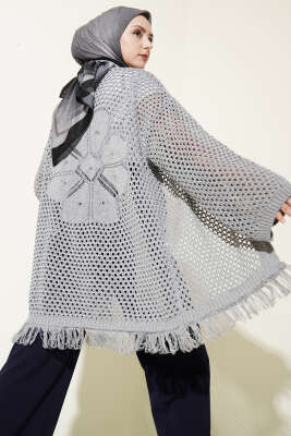 Eteği Püsküllü Ajurlu Triko Hırka Gri 