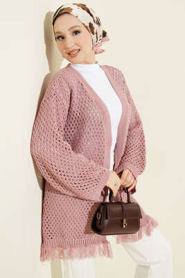 Eteği Püsküllü Ajurlu Triko Hırka Gül Kurusu - RAFİMİX