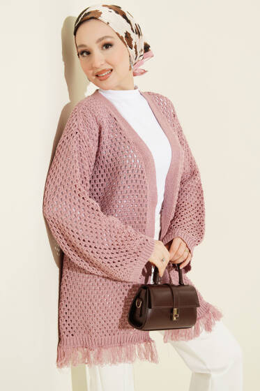 Eteği Püsküllü Ajurlu Triko Hırka Gül Kurusu - Hırka