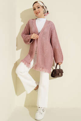 Eteği Püsküllü Ajurlu Triko Hırka Gül Kurusu - Hırka