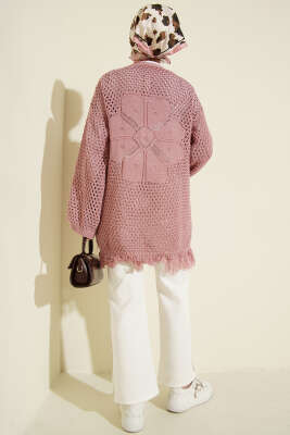 Eteği Püsküllü Ajurlu Triko Hırka Gül Kurusu - Hırka