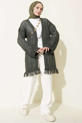 Eteği Püsküllü Ajurlu Triko Hırka Haki - Hırka