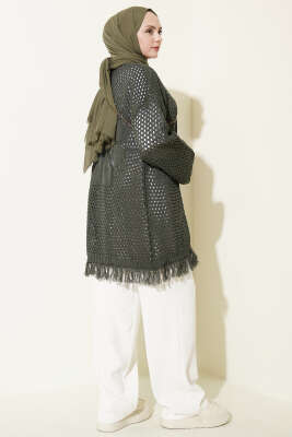 Eteği Püsküllü Ajurlu Triko Hırka Haki - Hırka