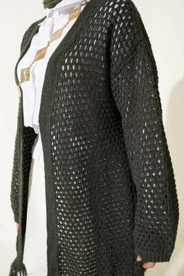 Eteği Püsküllü Ajurlu Triko Hırka Haki - Hırka