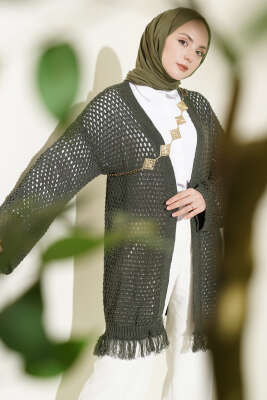 Eteği Püsküllü Ajurlu Triko Hırka Haki 