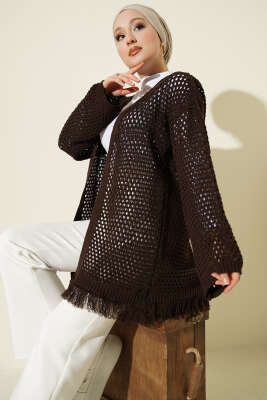 Eteği Püsküllü Ajurlu Triko Hırka Kahve - RAFİMİX