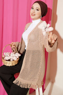 Eteği Püsküllü Ajurlu Triko Hırka Latte - RAFİMİX