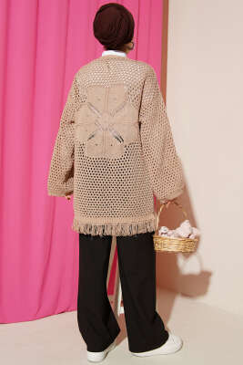 Eteği Püsküllü Ajurlu Triko Hırka Latte - Hırka