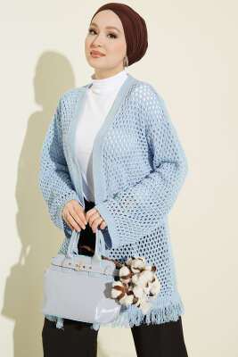 Eteği Püsküllü Ajurlu Triko Hırka Mavi - RAFİMİX