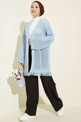 Eteği Püsküllü Ajurlu Triko Hırka Mavi - Hırka