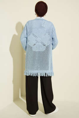 Eteği Püsküllü Ajurlu Triko Hırka Mavi - Hırka