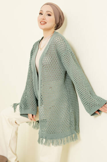 Eteği Püsküllü Ajurlu Triko Hırka Mint - Hırka