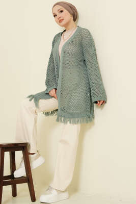 Eteği Püsküllü Ajurlu Triko Hırka Mint - Hırka