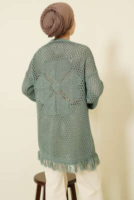 Eteği Püsküllü Ajurlu Triko Hırka Mint - Hırka