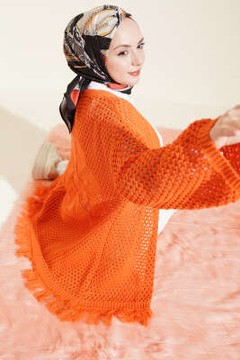 Eteği Püsküllü Ajurlu Triko Hırka Oranj 