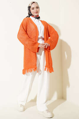 Eteği Püsküllü Ajurlu Triko Hırka Oranj - Hırka