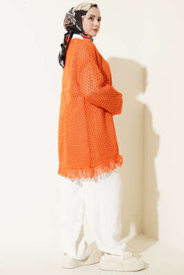 Eteği Püsküllü Ajurlu Triko Hırka Oranj - Hırka