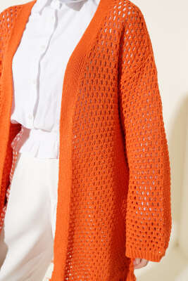 Eteği Püsküllü Ajurlu Triko Hırka Oranj - Hırka