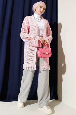 Eteği Püsküllü Ajurlu Triko Hırka Pembe - Hırka