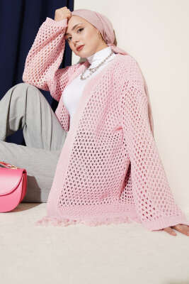 Eteği Püsküllü Ajurlu Triko Hırka Pembe 