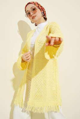 Eteği Püsküllü Ajurlu Triko Hırka Sarı - RAFİMİX