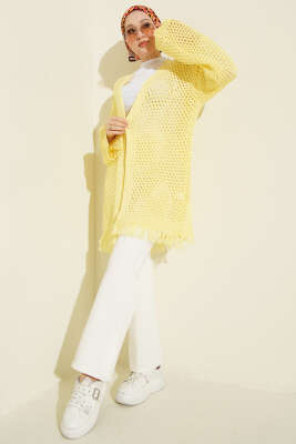 Eteği Püsküllü Ajurlu Triko Hırka Sarı - Hırka