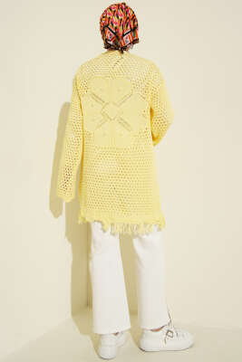 Eteği Püsküllü Ajurlu Triko Hırka Sarı - Hırka