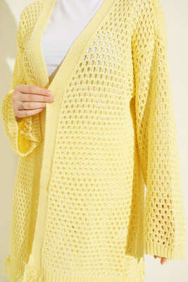 Eteği Püsküllü Ajurlu Triko Hırka Sarı - Hırka