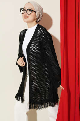 Eteği Püsküllü Ajurlu Triko Hırka Siyah - RAFİMİX