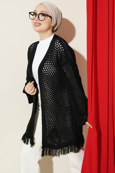 Eteği Püsküllü Ajurlu Triko Hırka Siyah - Hırka