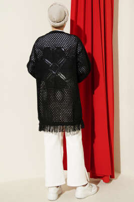 Eteği Püsküllü Ajurlu Triko Hırka Siyah - Hırka