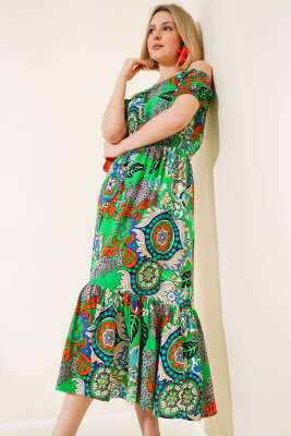 Eteği Volanlı Askılı Elbise Yeşil - ADYES