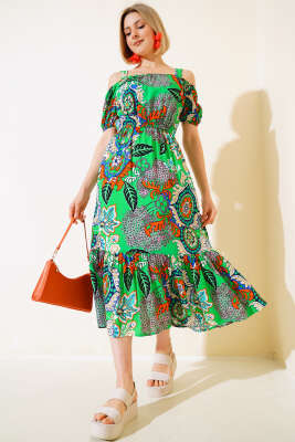 Eteği Volanlı Askılı Elbise Yeşil - Kadın Giyim Modelleri